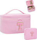 MONSTINA Initial Makeup Bag Cosmetic Bag Bridal Shower Gifts - Bridesmaid Bag,Bridesmaid Proposal Gifts for Wedding Day,Maid Matron of Honor Gift, Bride to be Gifts,Bachelorette Party Favors,Pink T