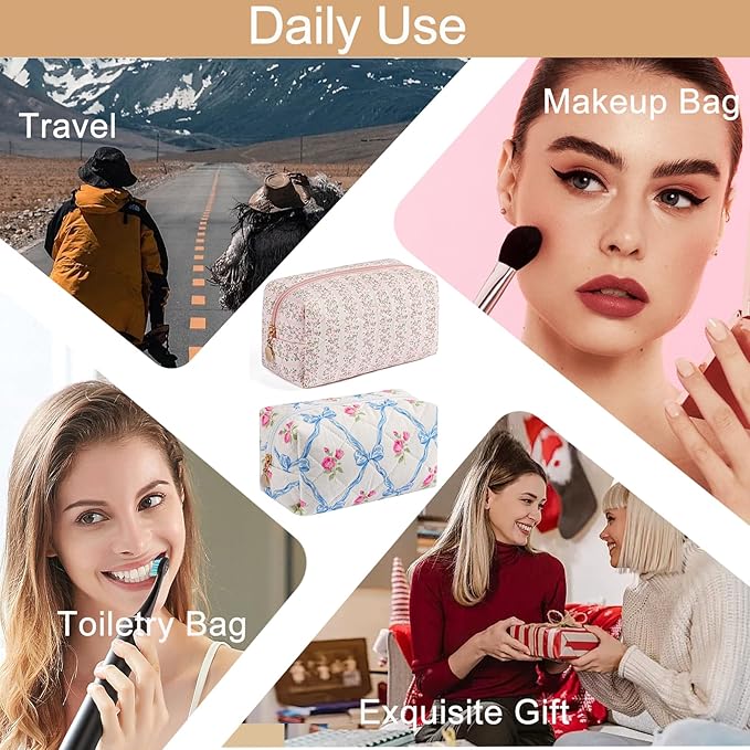 HHQQWZ Makeup Bag Travel Cosmetic Bag for Women Girls, Zipper Make Up Pouch, Floral Flowers Toiletry Organizer Makeup, Portable Storage Bag, Cosmetic Travel Cloth Bag (Pink+Blue Bowknot)
