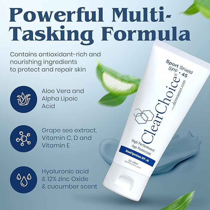 ClearChoice Sport Shield SPF 45 Travel Size – Mineral Sunscreen & Moisturizer for Face | Zinc Oxide, No White Cast, Water Resistant 80 Min | Non-Comedogenic | Dermatologist Recommended | 2 oz / 60 ml