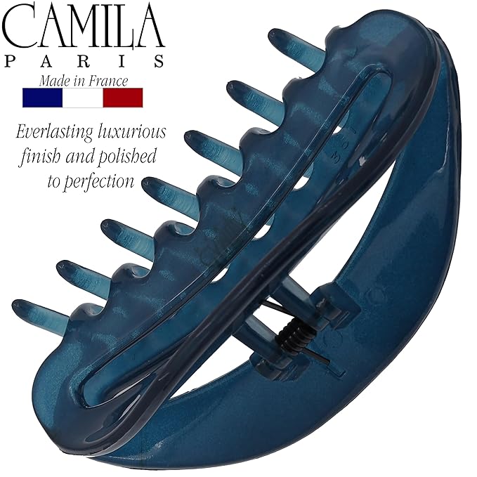 Camila Paris CP3125 French Hair Clips for Women, 3.5" Blue, Large Claw Clip Strong Hold All Day, No Damage No Slip Claw Clips for Thick Curly Wavy Fine Straight Hair, Jaw Clip Made in France