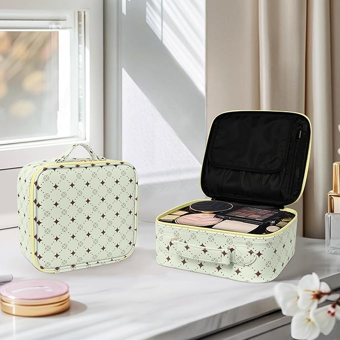 M Y U R E N Travel Makeup Bag,Waterproof Cosmetic Organizer, Adjustable Dividers,Portability Cosmetic Train Case,Makeup organizer,Gift for Women,Girls Gift (Green+Yello)
