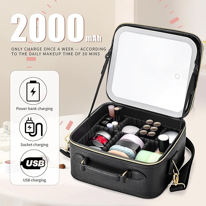 ZhenGuiRu Travel Makeup Bag with LED Mirror, Portable Cosmetic Case Organizer with Lighted Mirror, Waterproof Makeup Case for Cosmetic Brush Holder Storage, Black Toiletry Bag for Women Gift