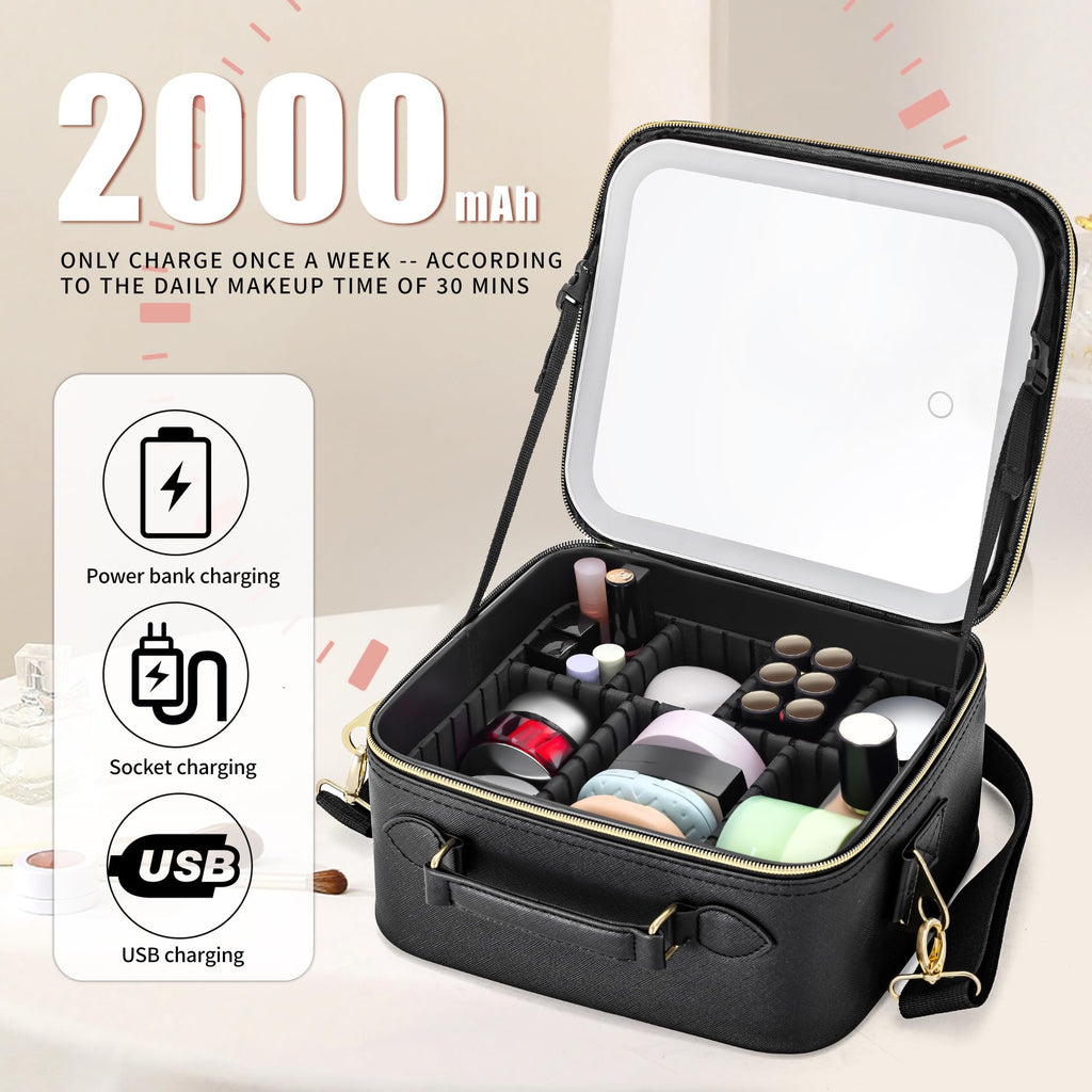 ZhenGuiRu Travel Makeup Bag with LED Mirror, Portable Cosmetic Case Organizer with Lighted Mirror, Waterproof Makeup Case for Cosmetic Brush Holder Storage, Black Toiletry Bag for Women Gift