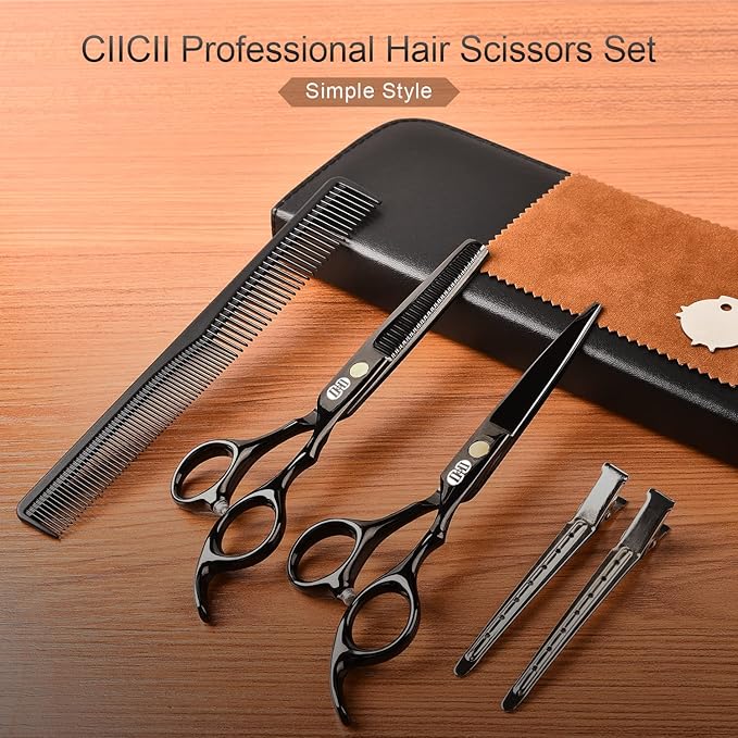 CIICII Hair Cutting Scissors Shears Kit, 6.7″ Barber Scissors Set (Black)