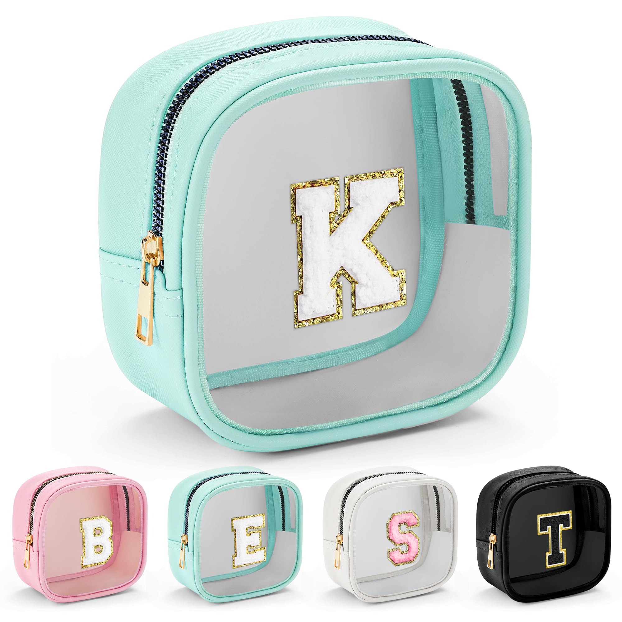 YOOLIFE Initial Make Up Bag Travel Toiletry Bag, Clear Makeup Bag Preppy Cosmetic Bags Cute Teacher 12 13 14 15 16 Years Old Girl Gifts Trendy Stuff Small Makeup Bag Birthday Gifts Mini Blue K