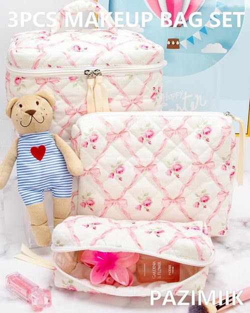 3 Piece Quilted Makeup Bag Set for Women,Cosmetic&Toiletry Bag,Bow Rose