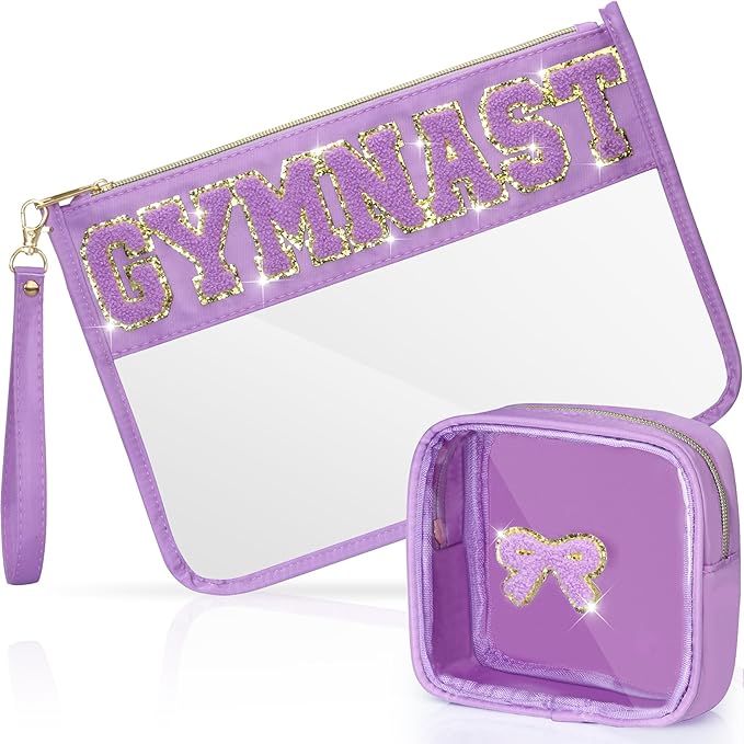 BuyCard 2 Pcs Gymnastics Gifts Cosmetic Makeup Bag with Chenille Letter Patch, Clear Pouch PVC Organizer Purse, Waterproof Travel Bag, Portable Toiletry Storage Bag for Her Girls Friends Women