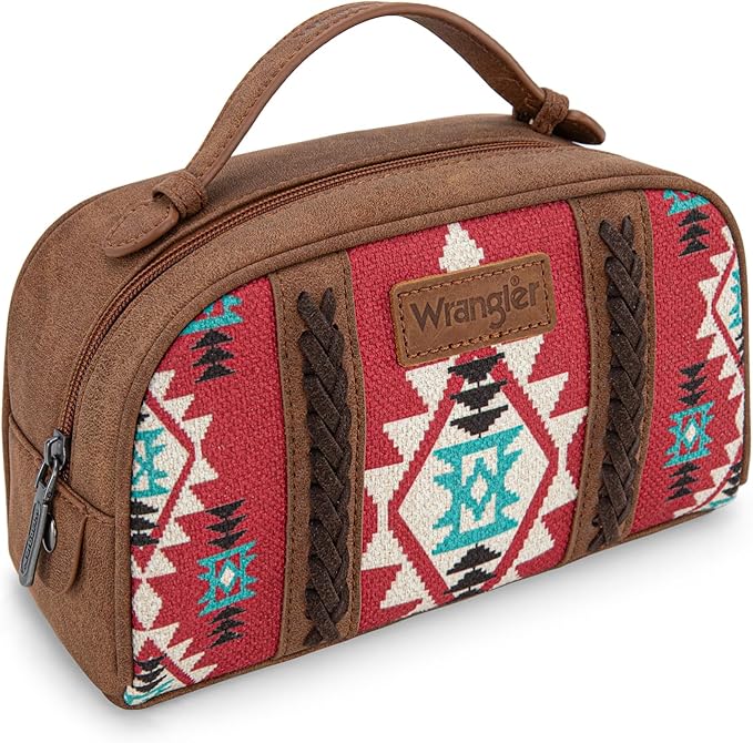 Montana West Wrangler Makeup Bag Travel Cosmetic Bag Small Western Make Up Pouch Portable Toiletry Bag for Women Organizer for Toiletries Accessories, Travel Essentials,Aztec,WG-MB-2203-190-RD
