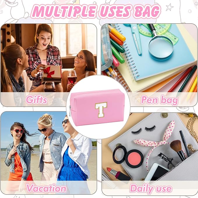 URSKYTOUS Initial Preppy Makeup Bag for Women Teen Girls Travel Small Cosmetic Bag Cute Pink Personalized Preppy Makeup Pouch Zippered Toiletry Bag Organizer PU Leather Aesthetic Makeup Bag（T）