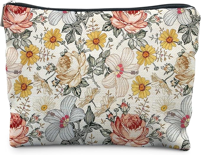 RYYCDOI Floral Makeup Bag, Vintage Floral Pouch for Women, Aesthetic Makeup Bag, Flower Gifts for Women, Gifts for Flower Lovers, Colorful Garden Flowers Makeup Pouch