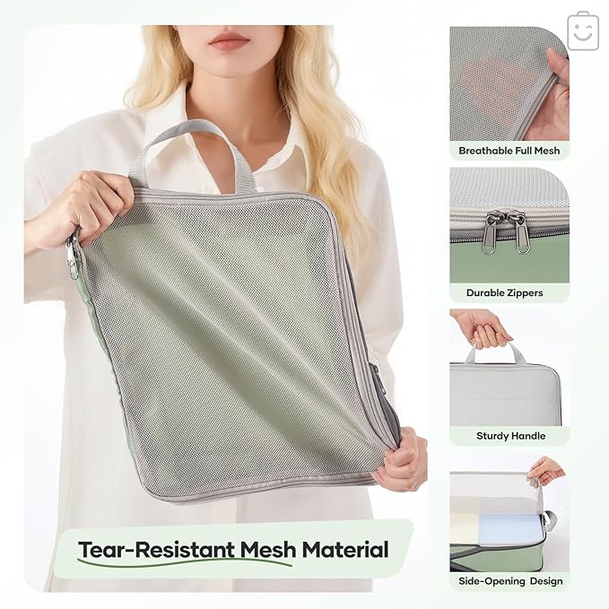 Veken 9/11 Set Compression Packing Cubes Garment Bags for Travel Essentials,Compressible Expandable Luggage Organizer Bags for Clothing,Space Saver Bags with Over 1000 pcs of Mesh Holes(Matcha Green)