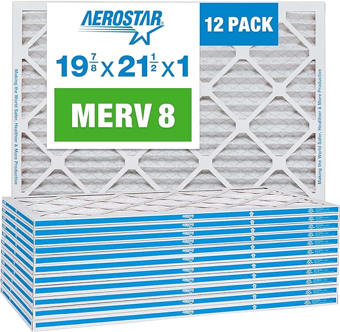 Aerostar 19 7/8x21 1/2x1 MERV 8 High Efficiency Pleated Air Filter, 12-Pack, Electrostatic AC Furnace HVAC Replacement, Captures Dust Pollen Pet Dander Mold Lint (19.875x21.5x0.75)