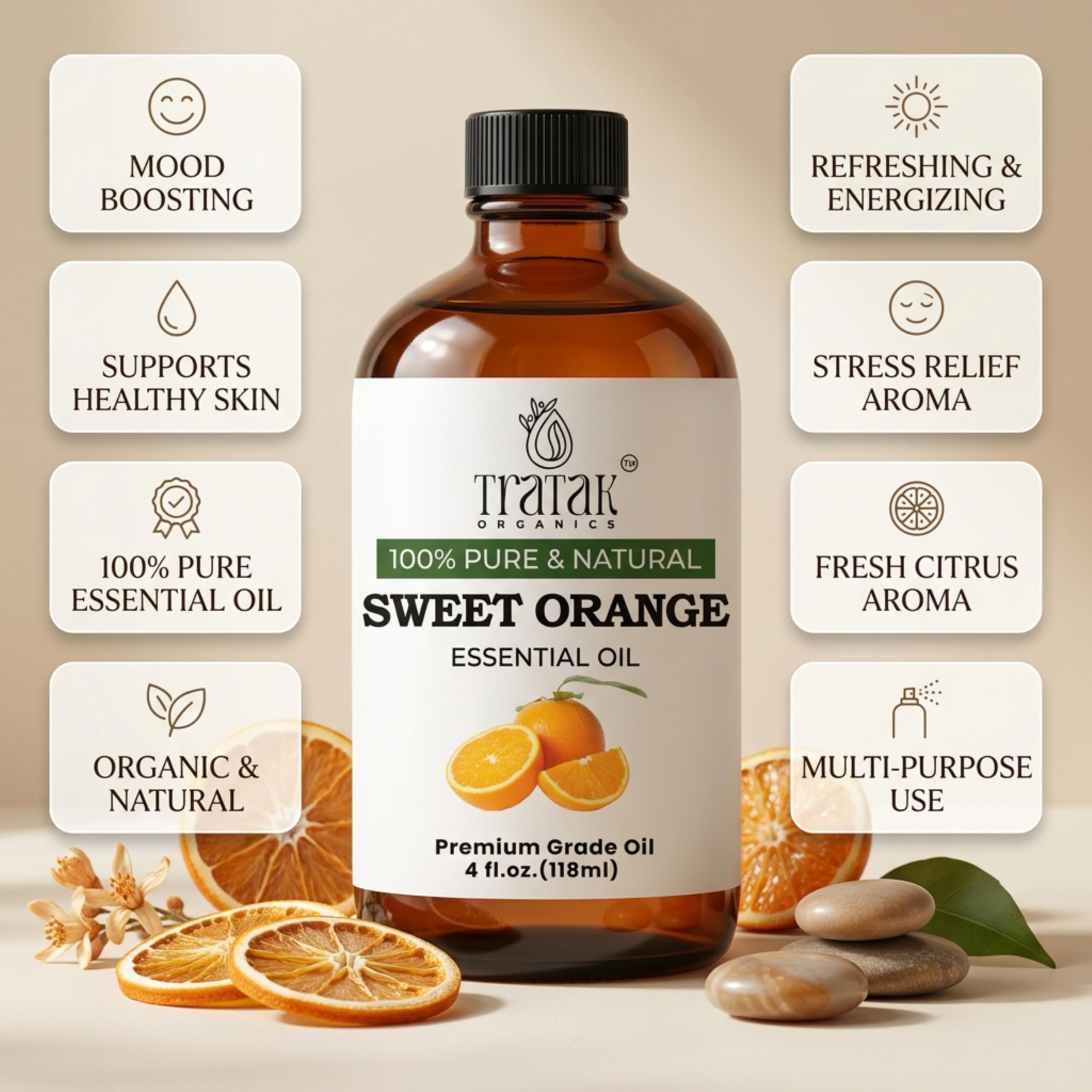 TRATAK ORGANICS 100% Pure Sweet Orange Essential Oil 4 FL OZ – Essential Oil for Citrus Scent, Aromatherapy, Diffuser, Skin, Home Freshener, Therapeutic Grade, Premium Quality with Glass Dropper