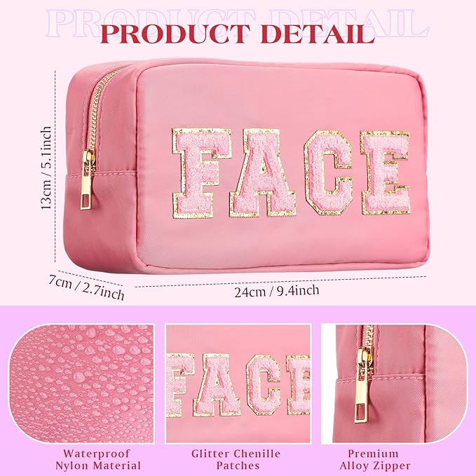 Cunno Preppy Makeup Bags Chenille Letter Stuff Bag Nylon Cosmetic Pouch Cases with Zipper for Women Travel Toiletry(Mixed Color,Classic,4 Pcs)