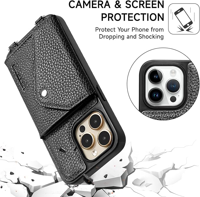 LUCKYCOIN Crossbody Phone Case for iPhone 15 Pro Max,100% Genuine Leather Phone Wallet Case for Women, Premium Hands-Free Phone Purse with Expandable Flip Card Holder & Adjustable Strap - Pebble Black