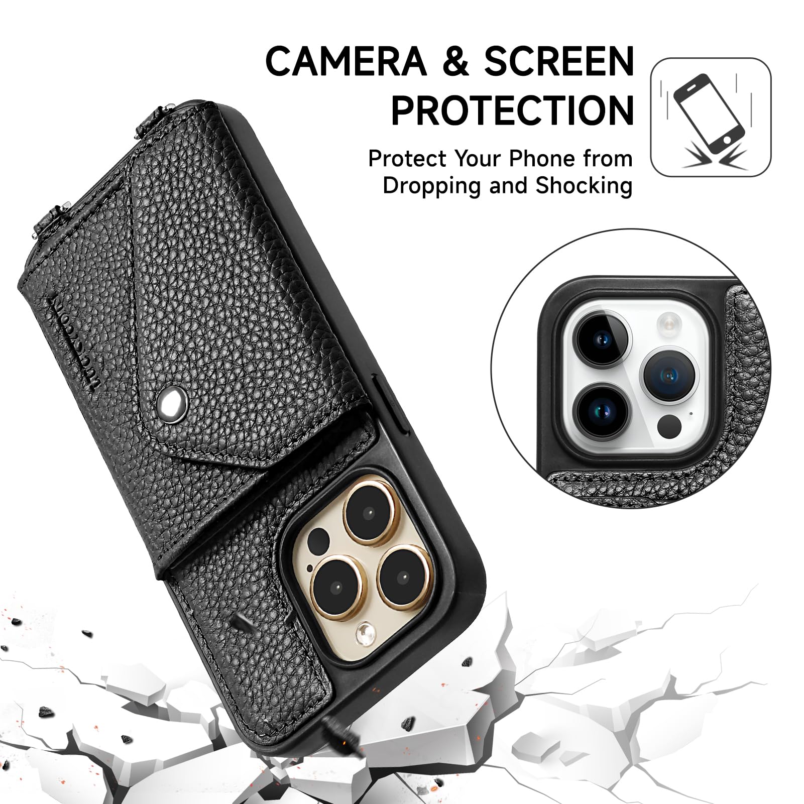 LUCKYCOIN Crossbody Phone Case for iPhone 15 Pro Max,100% Genuine Leather Phone Wallet Case for Women, Premium Hands-Free Phone Purse with Expandable Flip Card Holder & Adjustable Strap - Pebble Black