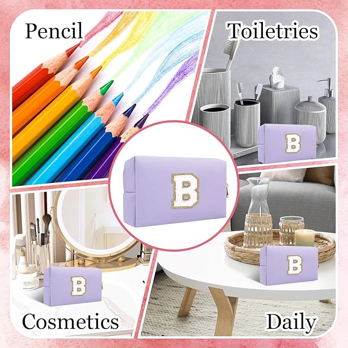 Small Personalized Letter Makeup Bag, Cute PU Leather Chenille Letters Cosmetic Bag Travel Makeup Pouch, Preppy Travel Organizer Zipper Pouch for Women&Girls（Purple-B）