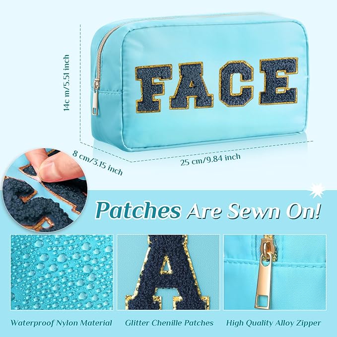 Remerry 4 Pcs Nylon Makeup Bags Waterproof Spacious Travel Cosmetic Bag for Women Chenille Letter Preppy Zipper Pouch Face Stuff Skin Hair Organizer Gift(Blue Color)