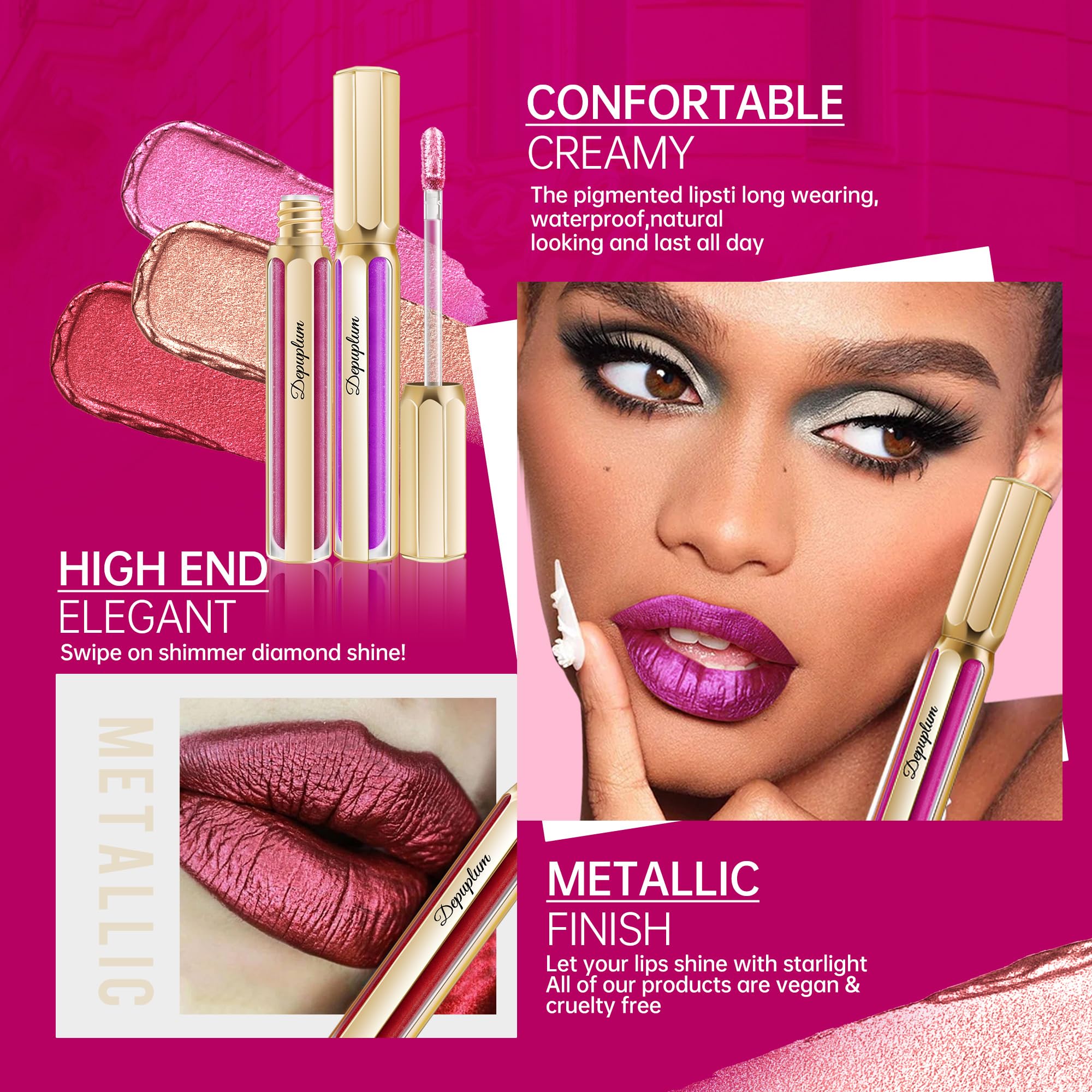 Depuplum Pink Lipsticks for Women Metallic Glitter Lipstick Long Lasting