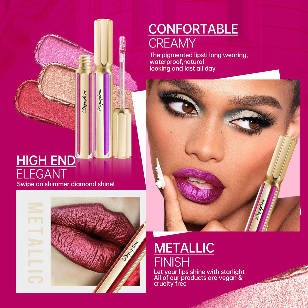 Depuplum Pink Lipsticks for Women Metallic Glitter Lipstick Long Lasting