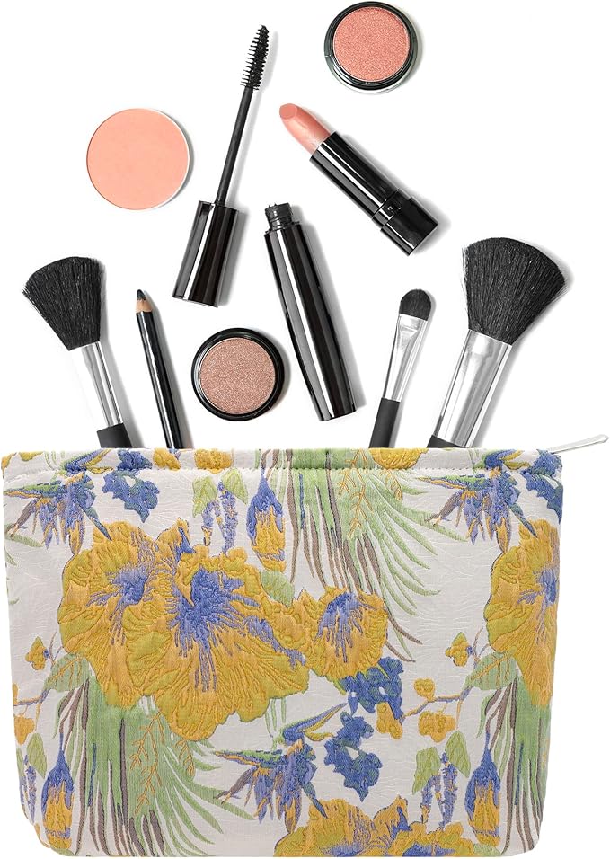 Flat Makeup Bag for Women,Zipper Cosmetic Pouch Purse,Brocade Flower Yellow