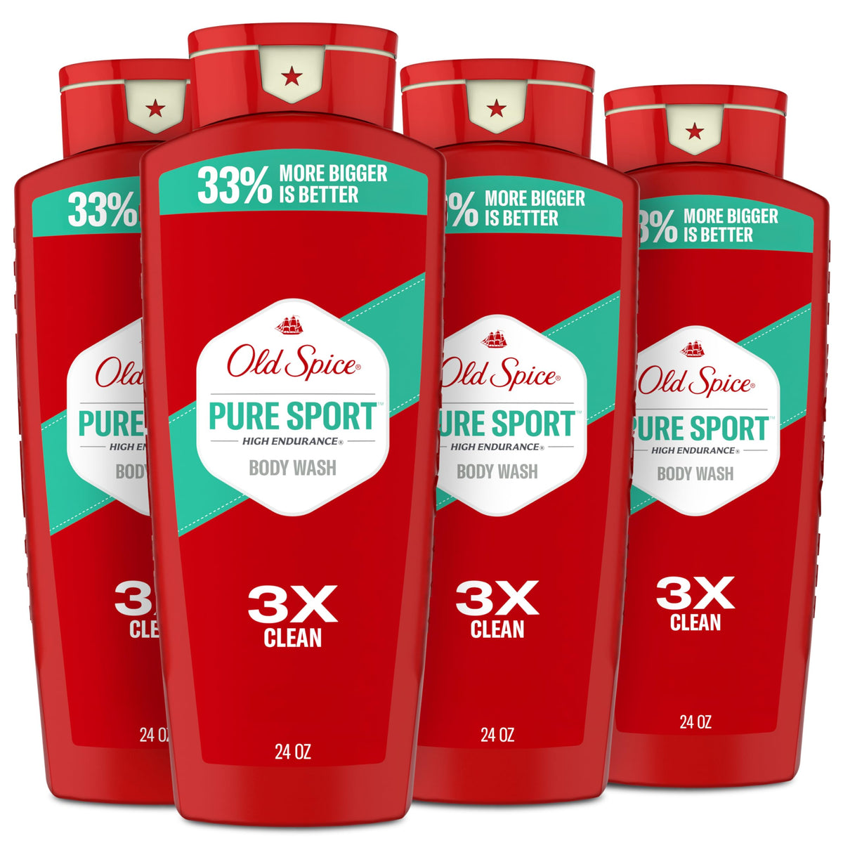 Old Spice Refreshing Body Wash for Men, High Endurance, 3X Defense, 24/7 Shower Fresh with Long Lasting Scent, Pure Sport Scent, 24 oz (Pack of 4)