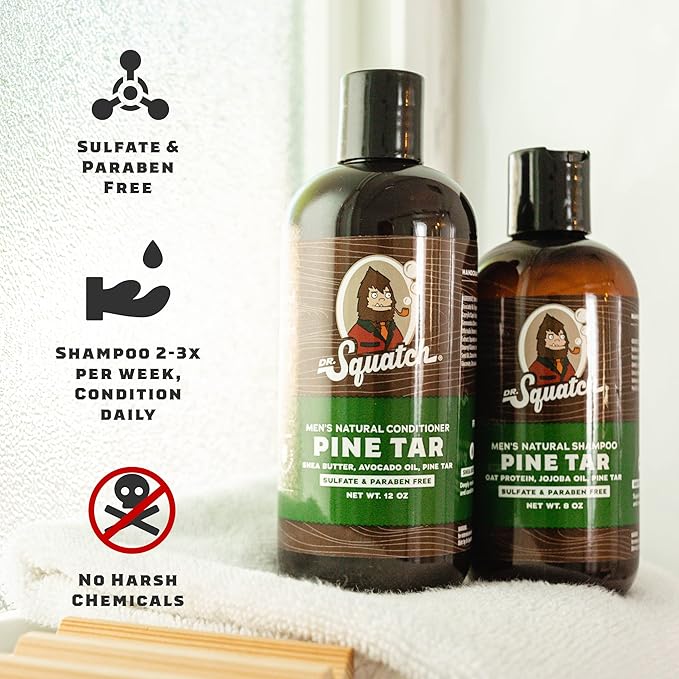 Dr. Squatch Men's Natural Shampoo and Conditioner Set – Sulfate & Paraben Free Natural Shampoo and Conditioner for Men – Scalp Nourishing Formula – Pine Tar (11 fl oz, 2-Pack)