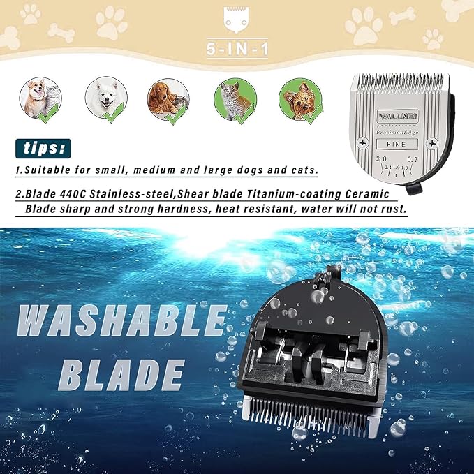 VALLNEI [3 Pack] 5-in-1 Professional Animal Clipper Blades for Wahl Arco, Bravura, Chromado, Creativa, Figura, Motion & SuperGroom, Detachable Adjustable Dog Cat Pet Grooming (Silver)