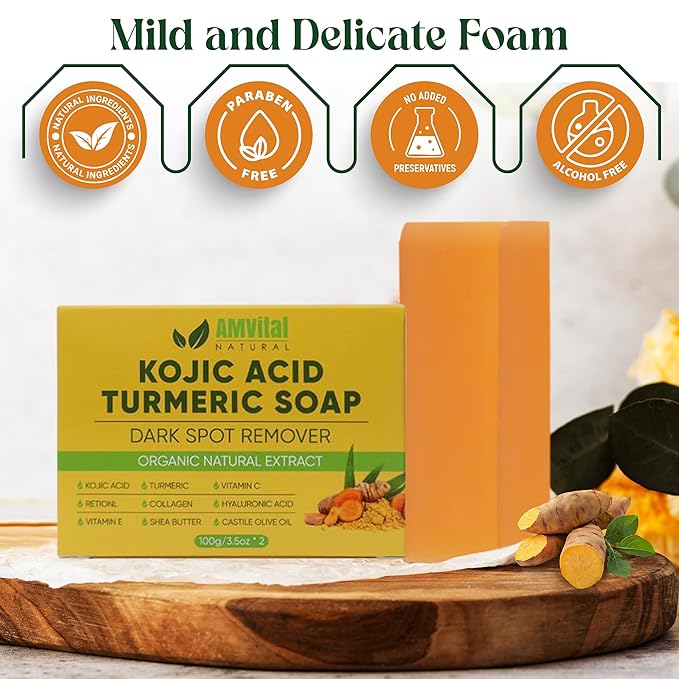 AMVital Turmeric Kojic Acid Soap Bars with Vitamin C, Retinol & Hyaluronic Acid – Face & Body Soap with Collagen & Shea Butter – 2-Pack Cleansing Bars for All Skin Types
