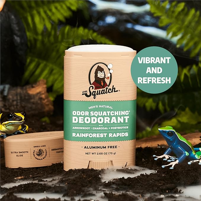Dr. Squatch Natural Men’s Deodorant – Aluminum Free Natural Deodorant Men with Charcoal & Postbiotics for 72-Hour Odor Protection – Rainforest Rapids, 2.65oz Stick (3-Pack)