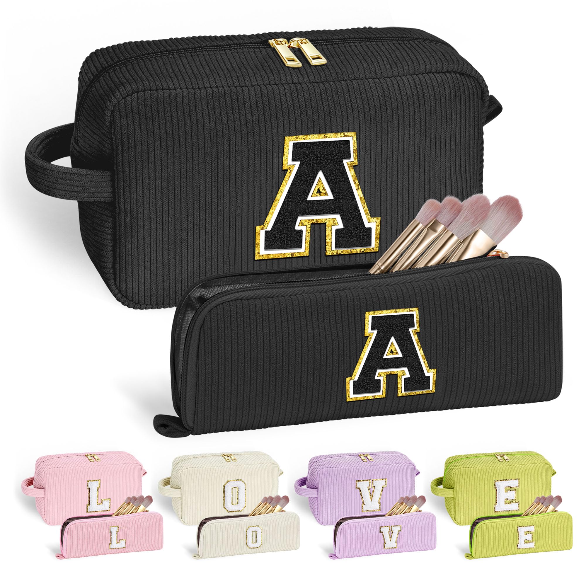 YOOLIFE Women Gifts Travel Makeup Bag - Initial Cosmetic Bag Cute Makeup Bag Travel Essentials Makeup Brush Bag Small Black Girls Makeup Bag Personalized Gifts for Women Her Teen Girl Black Letter A