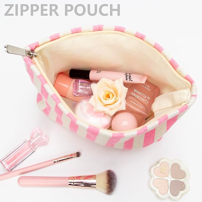 Flat Makeup Bag for Women,Zipper Cosmetic Pouch for Purse,Stripe Pink
