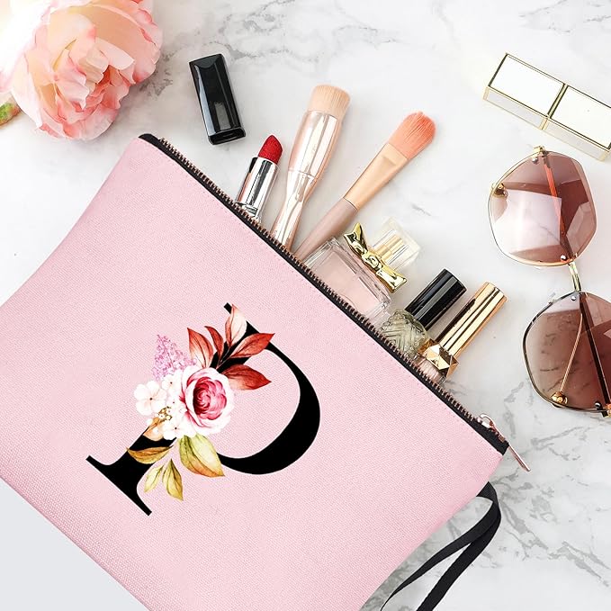 Vavabox A-Z Personalized Makeup Bag, Birthday Gifts for Women Mom, Gifts for Best Friend, Bride Bridesmaid Cosmetic bag (P, 06-Pink)