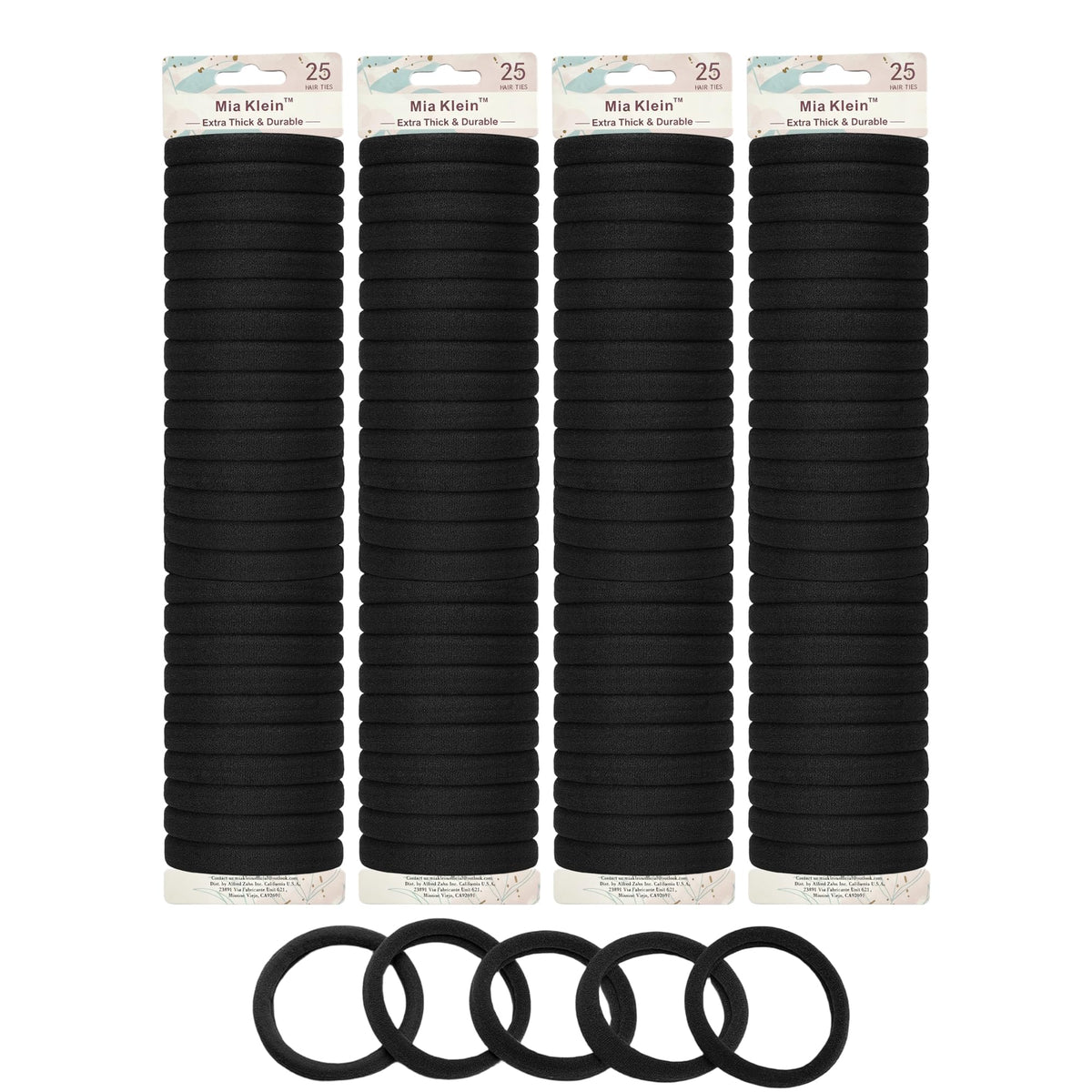 Mia Klein Hair Ties Black 100Count Extra Thick 5CM, Bulk Elastic Hair Bands for Thick Heavy Hair, Seamless Hair Accessories for Girls Women, Ponytail Holder (Black)