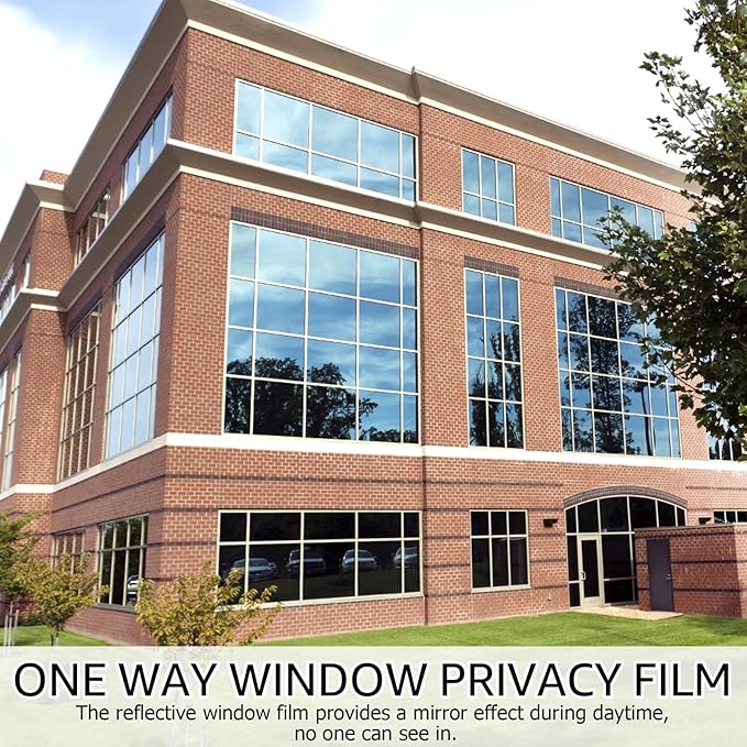 HIDBEA One Way Privacy Window Film, Daytime Privacy Sun Blocking Anti UV Reflective Window film Heat Control Static Cling Window Tint film for Home and Office, Silver, 35.4 x 196.8 Inch
