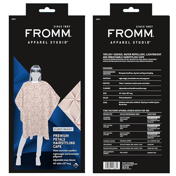 Fromm Professional Client Hair Styling and Hair Cutting Cape, PFAS-free Water and Stain Repellent Coating, for Shampoo Bowl and Wet/Dry Cutting, 44" x 58", Petals Pattern