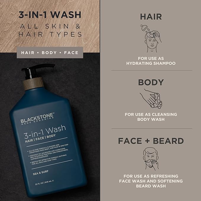 Blackstone Men's Grooming 3-in-1 Wash for Men | Cleanses & Conditions Hair, Body, & Face | For All Skin & Hair Types | With Coconut Oil, Vitamin B5 and Caffeine - Sea & Surf (32 Fl Oz)