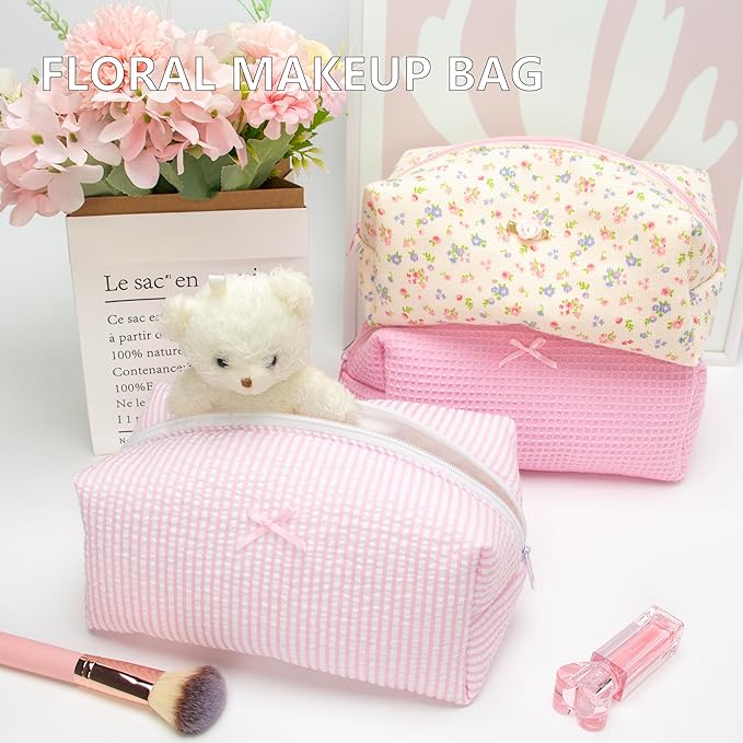 Cozy Makeup Bag for Women,Zipper Cosmetic Pouch,Stripe Ballet Pink,6 Pack