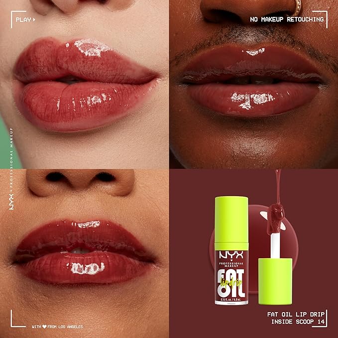 NYX PROFESSIONAL MAKEUP Fat Oil Lip Drip, Moisturizing Lip Oil Gloss, Vegan Tinted Formula, Up to 12 HR Hydration - Inside Scoop (Plum Brown)