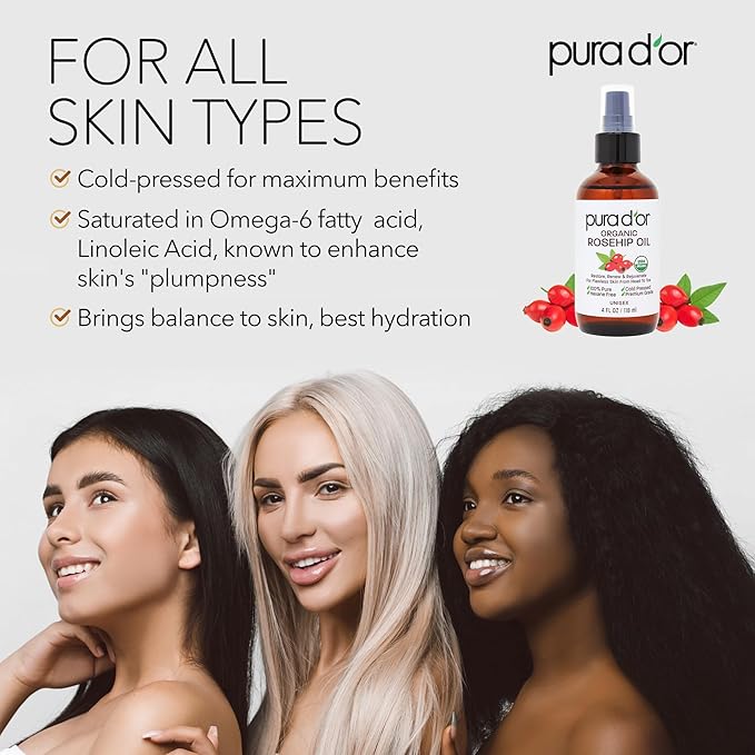 PURA D'OR ORGANIC Rosehip Seed Oil 100% Pure Cold Pressed USDA Certified For Hair, Skin, Scalp, Anti Aging Face & Body - Hexane Free Glass Bottle - 4 Oz - Ayurvedic Hair Care