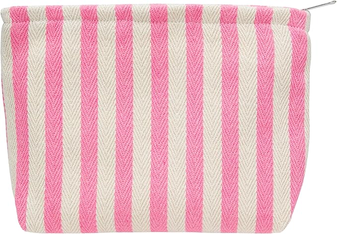 Flat Makeup Bag for Women,Zipper Cosmetic Pouch for Purse,Stripe Pink