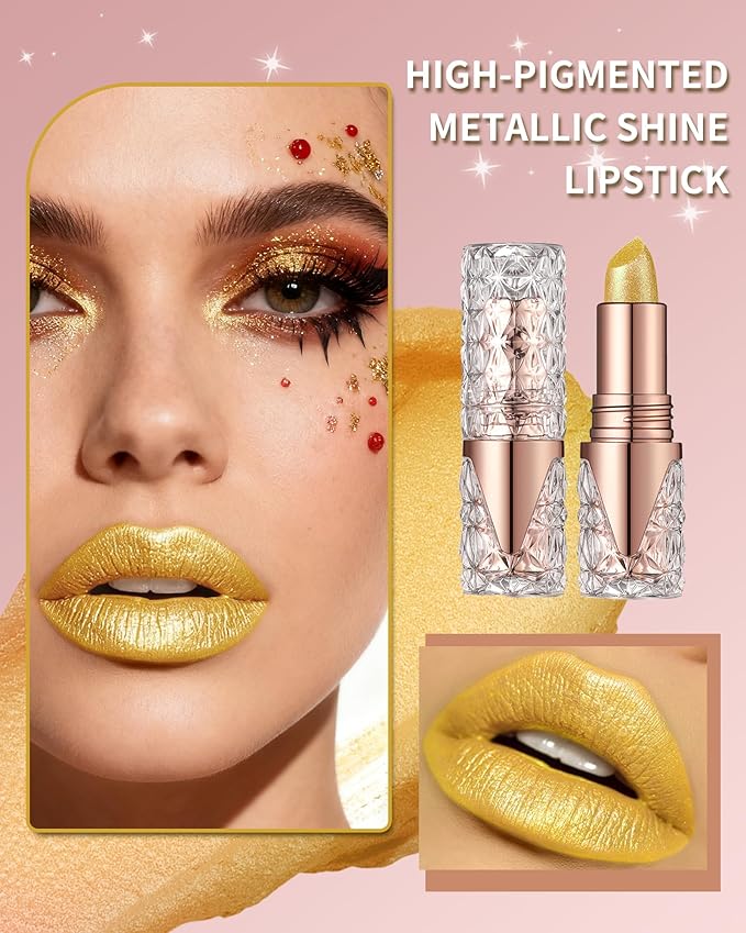 Glitter Gold Lipstick for Women, Waterproof Metallic Lipstick for Halloween