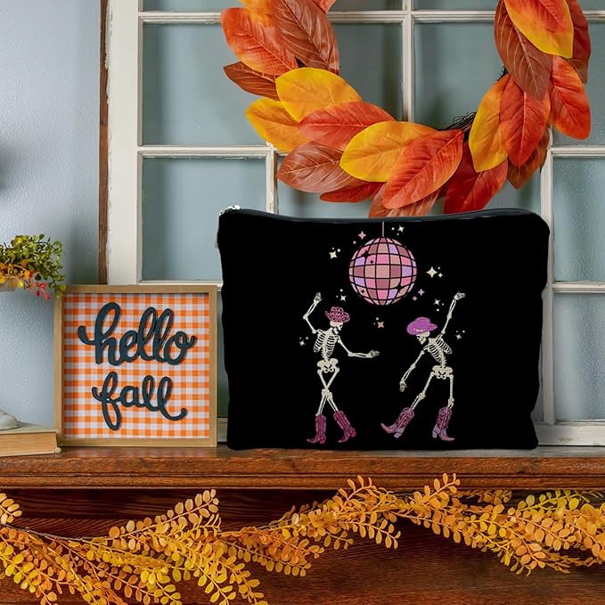RYYCDOI Funny Disco Dancing Skeleton Makeup Bag, Goth Gothic Skull Cosmetic for Women, Halloween Gifts, Dark Academia Makeup Pouch, Horror Bag