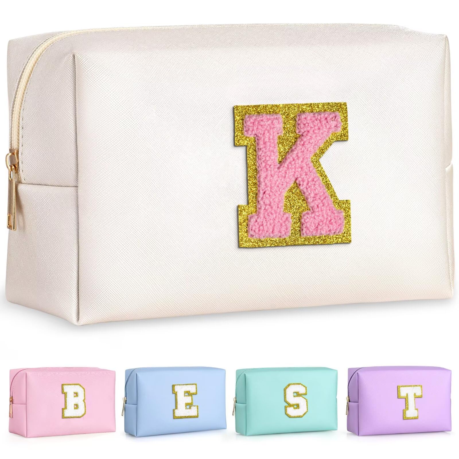 TOPEAST Initial Cosmetic Bag, PU Leather Waterproof Travel Toiletry Bag, Monogrammed Gifts for Women, Personalized Birthday Gift for Sister Friends, Cute Stuff for Girls (Pearly White K)