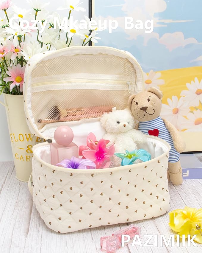 Quilted Makeup Bag for Women, Travel Cosmetic&Toiletry Bag,Gauze Heart