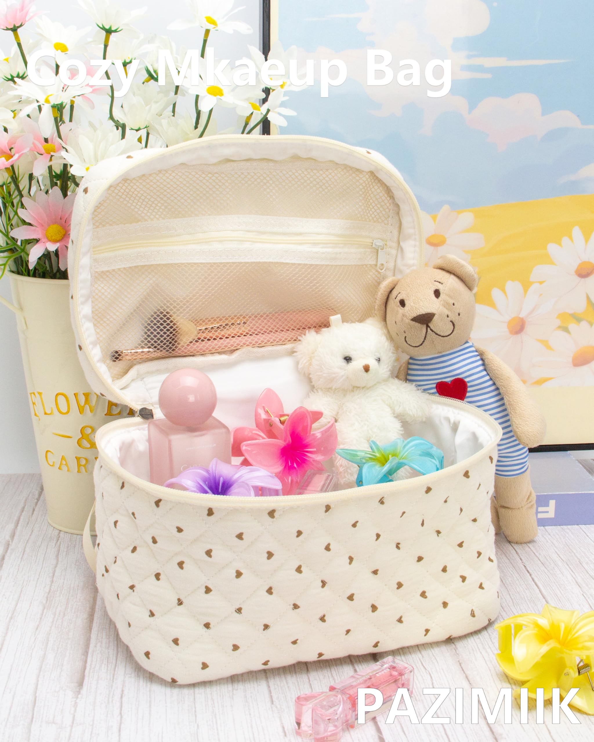 3 Piece Quilted Makeup Bag Set for Women,Cosmetic&Toiletry Bag,Gauze Heart