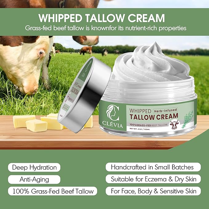 CLÉVIA 100% Grass-Fed Whipped Tallow Cream - 4 OZ Anti-Wrinkle Face and Body Balm with Jojoba Oil - Non-Comedogenic Deep Hydration for Dry, Sensitive and Irritated Skin - Herb-Infused