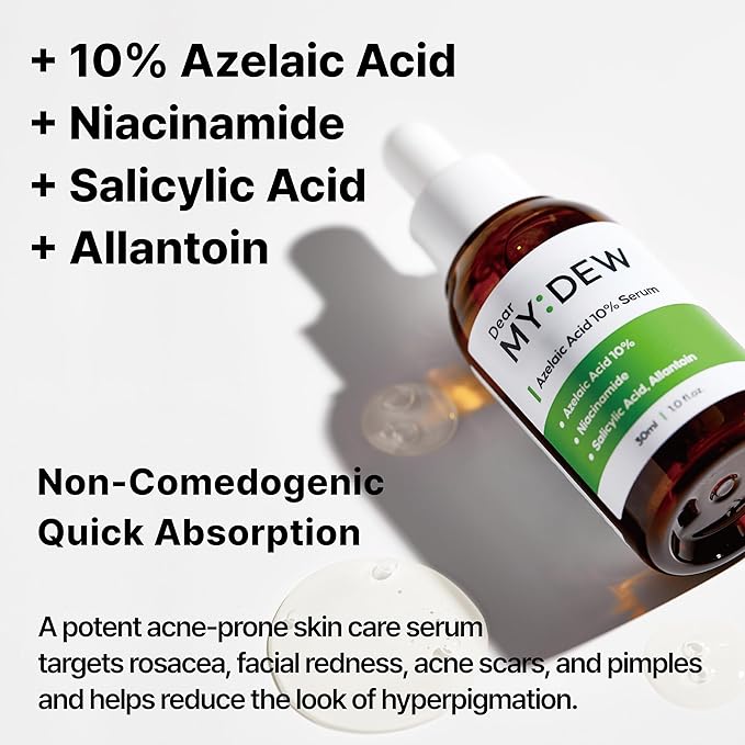 DearMYDEW 10% Azelaic Acid Serum with Niacinamide, Salicylic Acid, Allantoin, Rosacea Treatment for Face Redness Relief, Reduce Cystic Acne Scar, Pimples, Non-Comedogenic, Korean Skincare, 1Fl Oz
