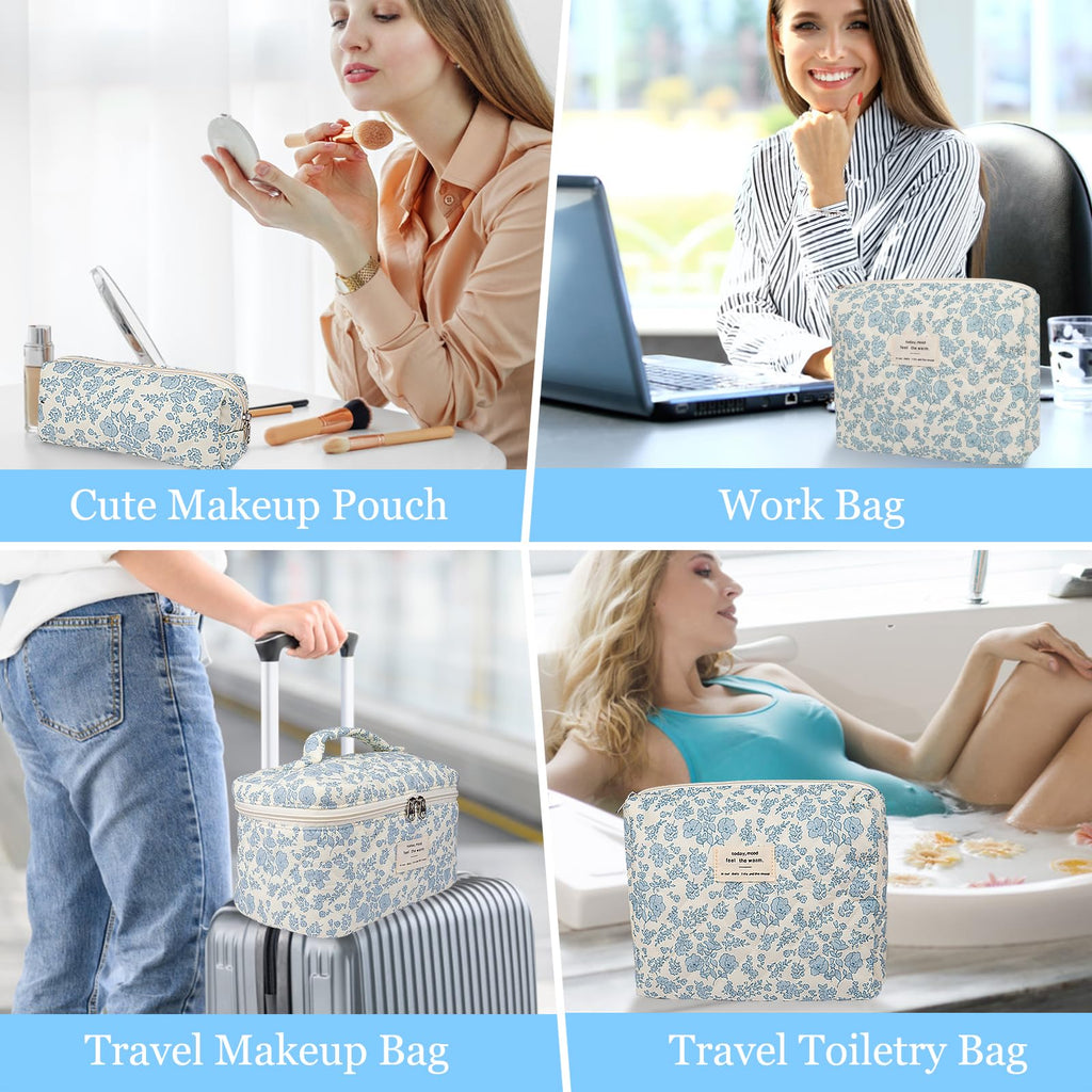 Gosect Makeup Bag Set, Quilted Makeup Bag, Large Floral Cosmetic Bag for Women, Cute Cotton Makeup Bags, Flower Travel Toiletry Organizer Bag (Blue Floer)