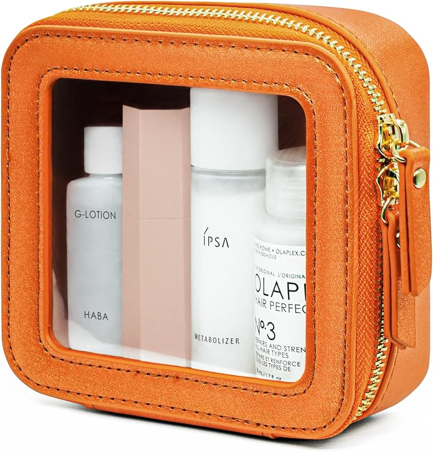 Popvibe Clear Makeup Bag with Zipper Small Travel Cosmetic Case Orange Mini Pouch for Purse Accessories Car Storgae Essentials Bag Purse Pouch Organizer Compact Small Clear Toiletry Bag for Traveling